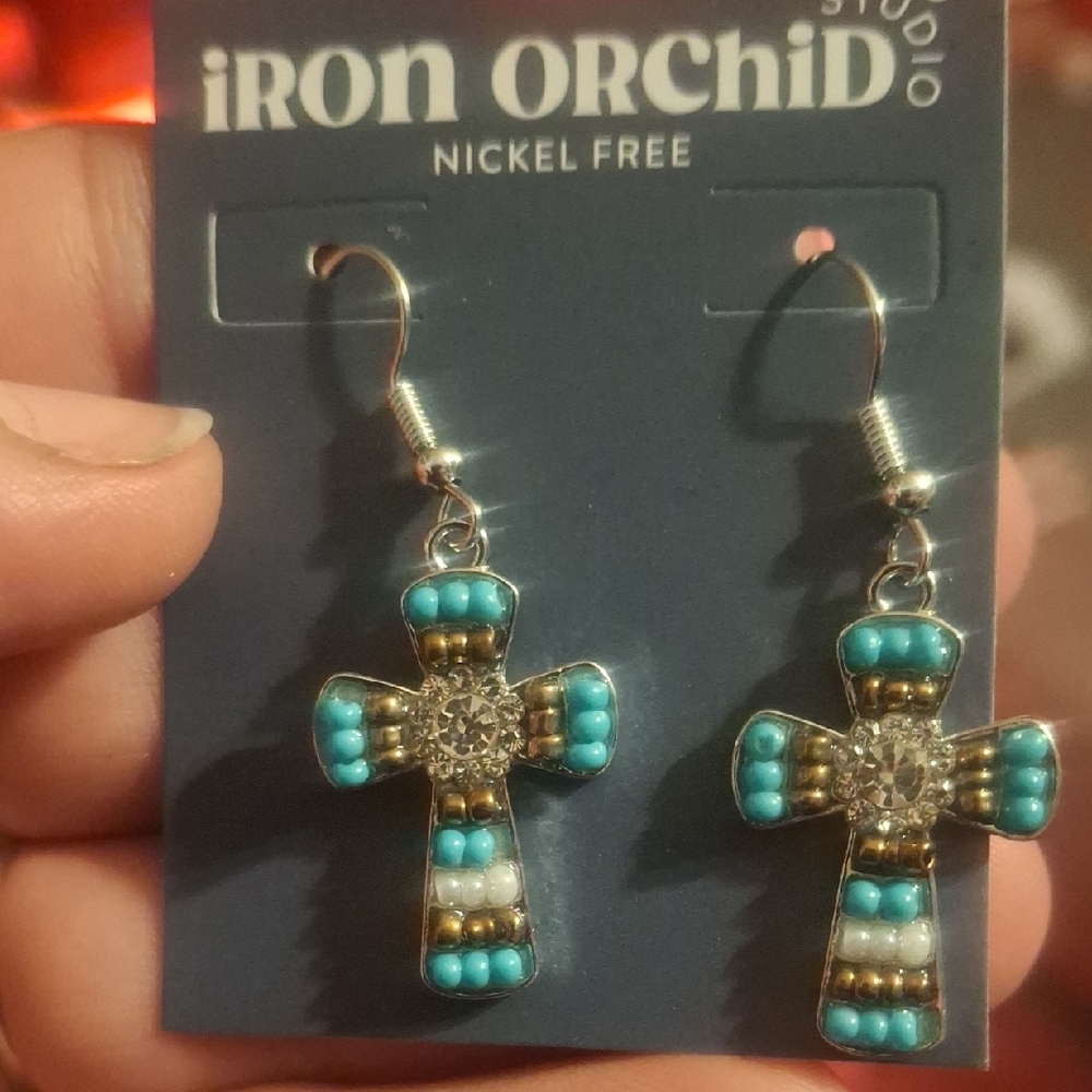 Iron Orchid Turquoise Cross Earrings